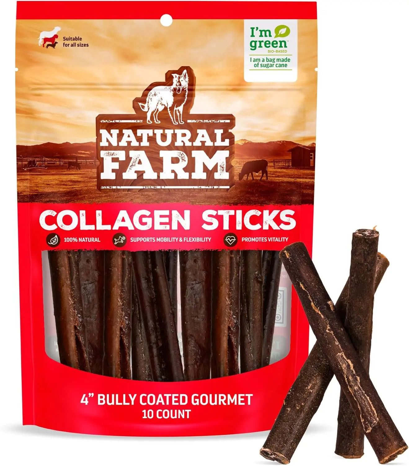 Natural Farm 4 Inch Bully Coated Gourmet Collagen Sticks - 10 Count, 95% Collagen, Premium Beef, Long-Lasting Chew Treats for Dogs