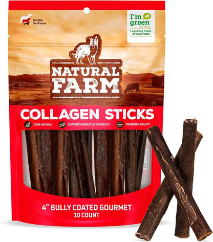 Natural Farm 4 Inch Bully Coated Gourmet Collagen Sticks - 10 Count, 95% Collagen, Premium Beef, Long-Lasting Chew Treats for Dogs