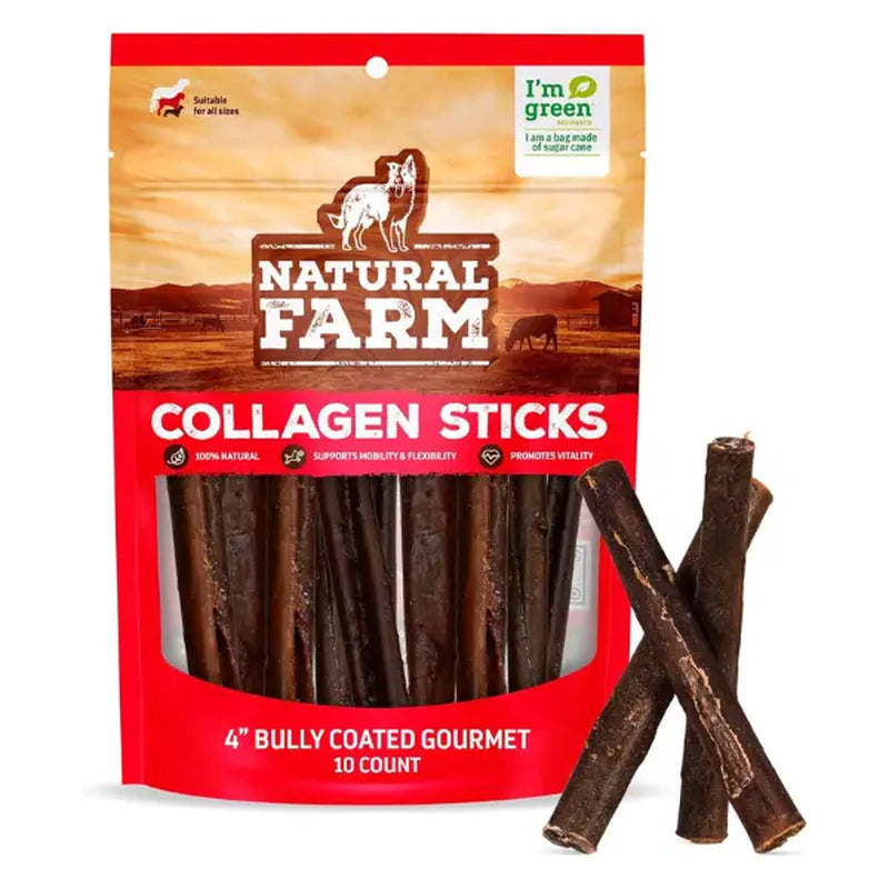 Natural Farm 4 Inch Bully Coated Gourmet Collagen Sticks - 10 Count, 95% Collagen, Premium Beef, Long-Lasting Chew Treats for Dogs