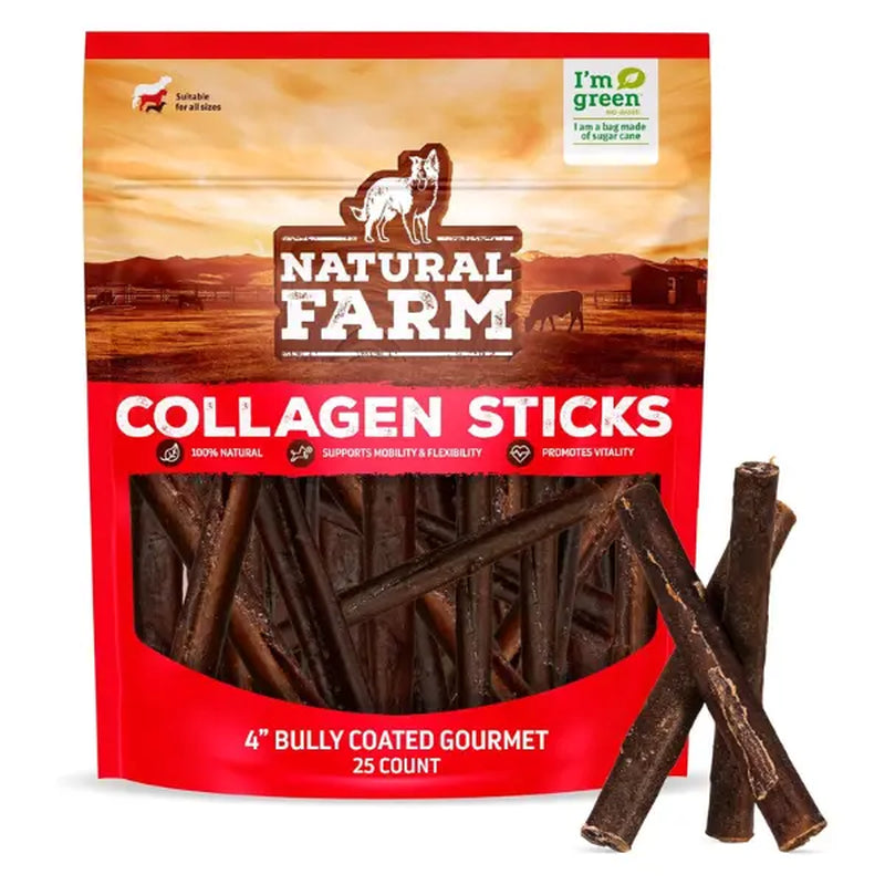 Natural Farm 4 Inch Bully Coated Gourmet Collagen Sticks - 10 Count, 95% Collagen, Premium Beef, Long-Lasting Chew Treats for Dogs