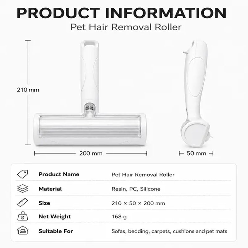 White Pet Hair Removal Roller – 20 Cm Wide Reusable Lint & Fur Cleaner for Sofas, Carpets, Bedding & Pet Mats – Easy One‑Touch Empty Grooming Tool for Cat & Dog Hair Cleanup