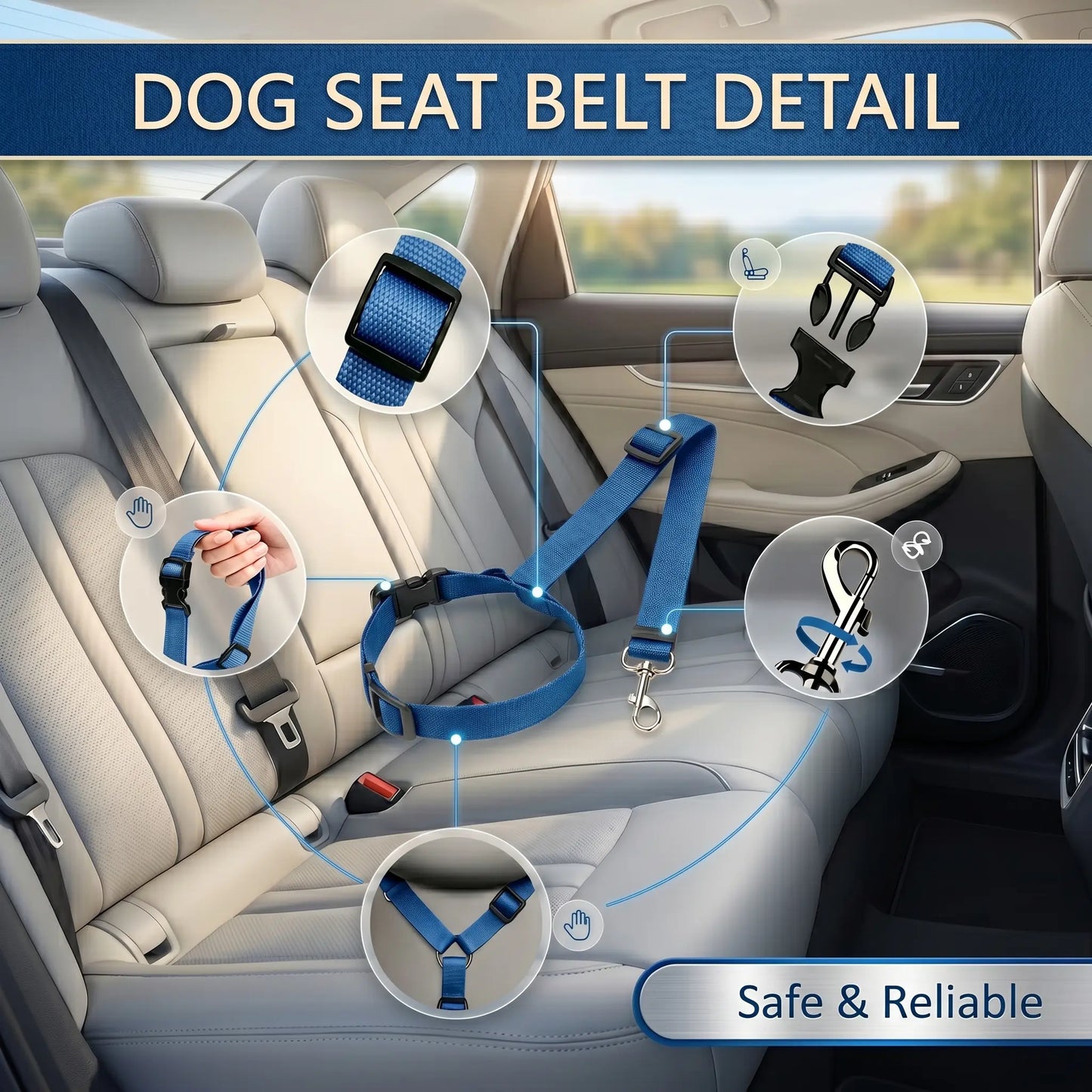 Dog Car Safety Harness Straps Blue, Length Adjustable Pet Safety Leash for Suvs Cars Trucks, Universal Fit Pet Travel Accessory Dual LED Retractable Bite Resistant Inflatable Balls Set Chew Outdoor Interactive Bungee Toy
